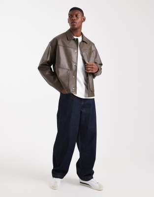 Asos Design Faux Leather Harrington Jacket In Brown