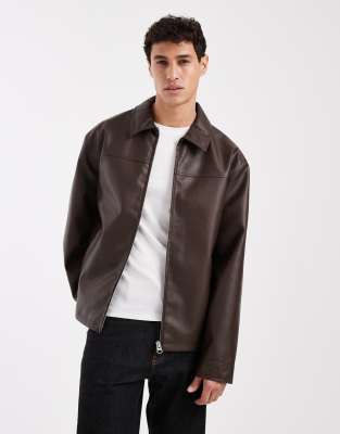 Asos Design Faux Leather Harrington Jacket In Brown