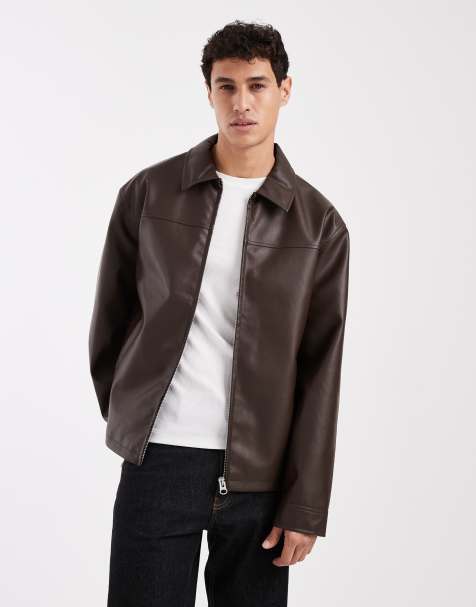 ASOS DESIGN faux leather harrington jacket in brown  - view 1