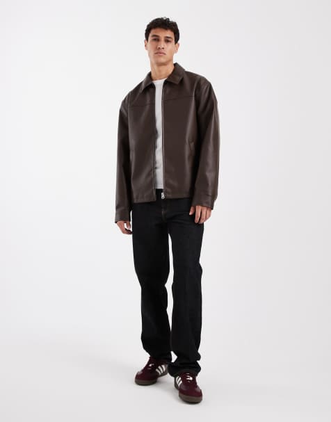 ASOS DESIGN faux leather harrington jacket in brown - view 1