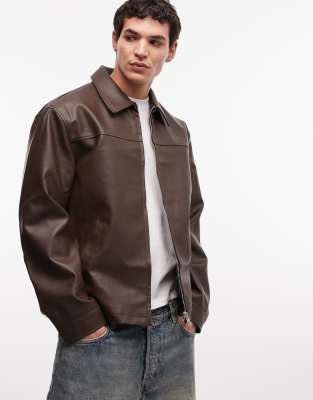 Asos Design Faux Leather Harrington Jacket In Brown