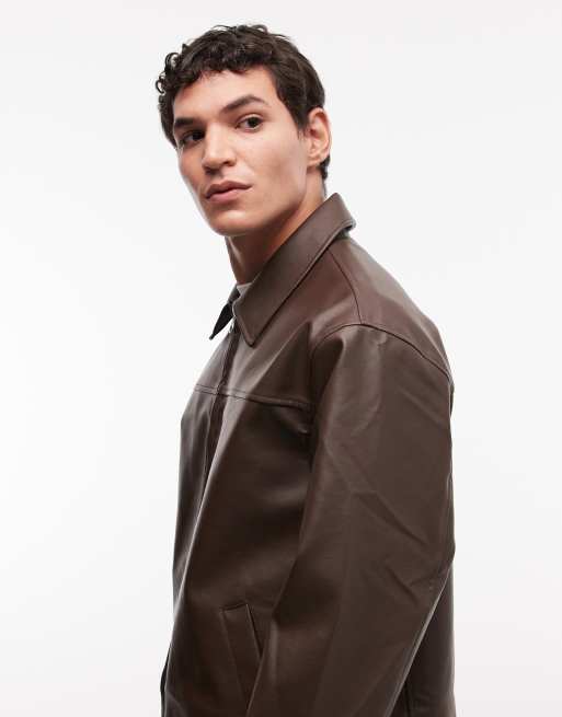ASOS DESIGN faux leather harrington jacket in brown, 4 of 5