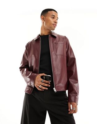 ASOS DESIGN faux leather harrington jacket in burgundy