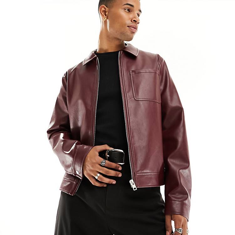 ASOS DESIGN faux leather harrington jacket in burgundy