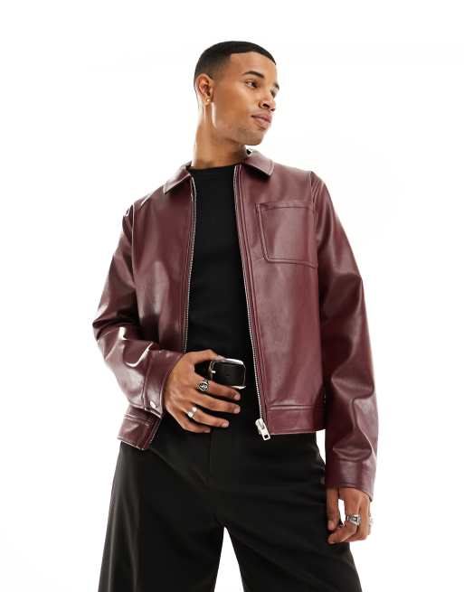 ASOS DESIGN faux leather harrington jacket in burgundy ASOS