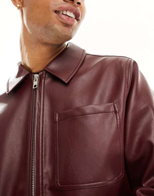 Burgundy faux 2025 leather jacket mens