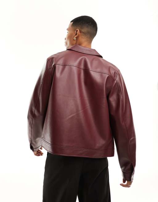 ASOS DESIGN faux leather harrington jacket in burgundy