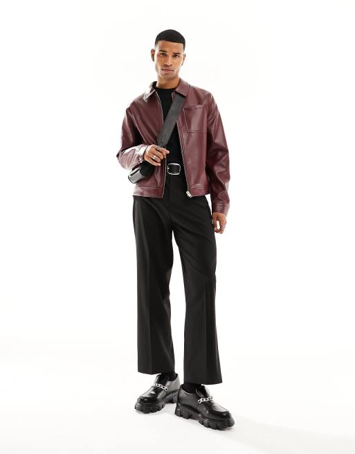 ASOS DESIGN tapered leather look cargo pants in burgundy