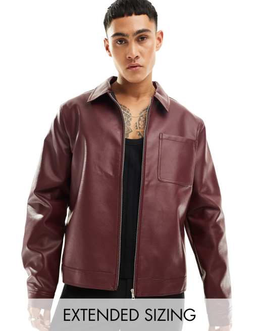 ASOS DESIGN faux leather harrington jacket in burgundy ASOS