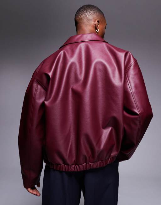 ASOS DESIGN faux leather harrington jacket in burgundy, 2 of 4