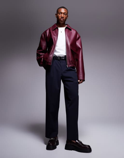 ASOS DESIGN faux leather harrington jacket in burgundy, 3 of 4