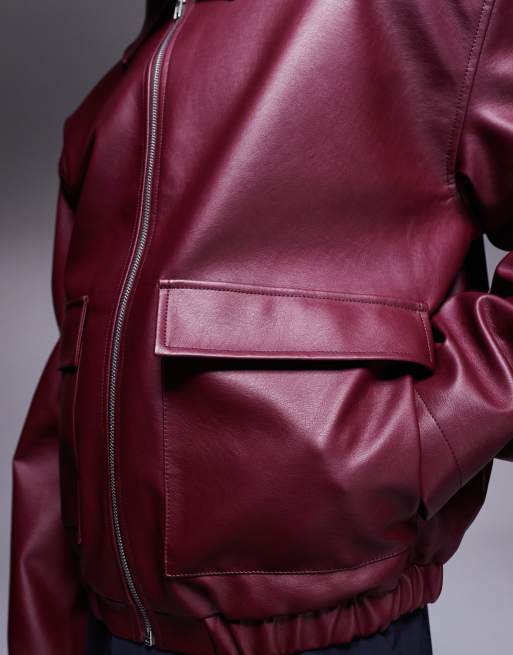 ASOS DESIGN faux leather harrington jacket in burgundy, 4 of 4