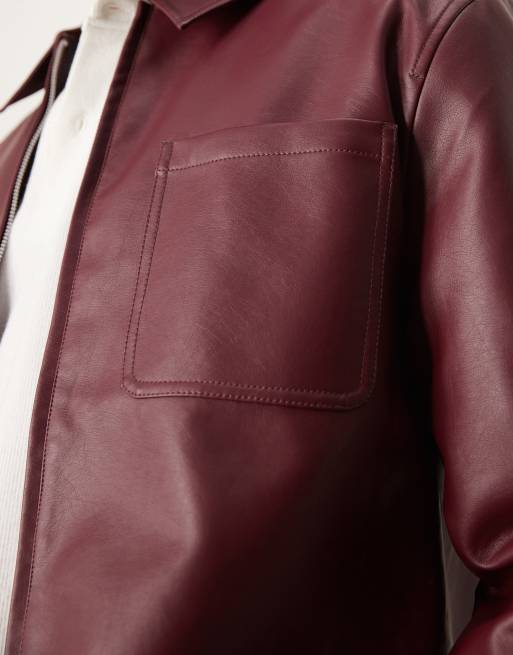 ASOS DESIGN faux leather harrington jacket in burgundy