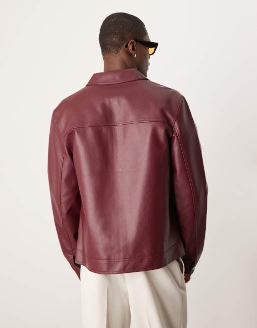 ASOS DESIGN faux leather harrington jacket in burgundy