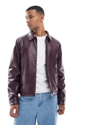 Asos Design Faux Leather Harrington Jacket In Burgundy
