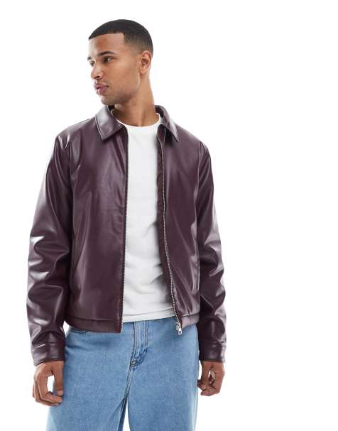 ASOS DESIGN faux leather harrington jacket in burgundy - view 1