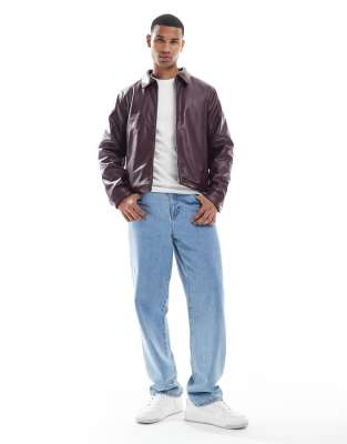 Asos Design Faux Leather Harrington Jacket In Burgundy