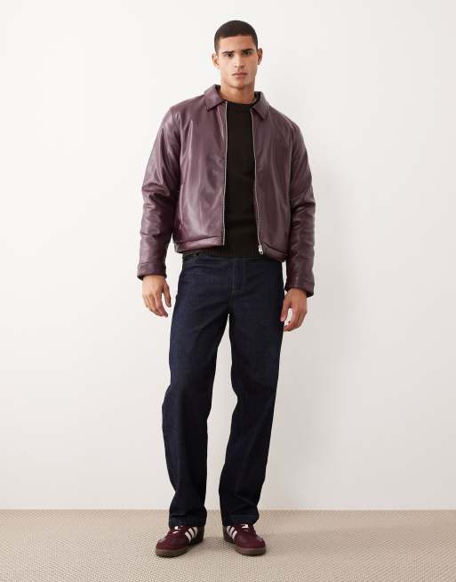 ASOS DESIGN faux leather harrington jacket in burgundy