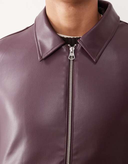 ASOS DESIGN faux leather harrington jacket in burgundy