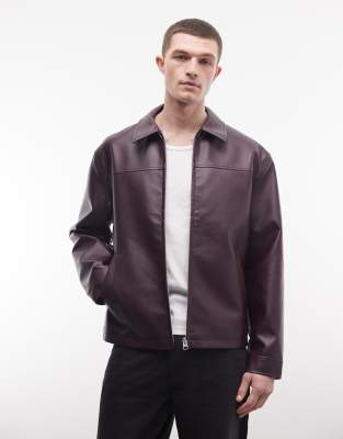 Asos Design Faux Leather Harrington Jacket In Brown