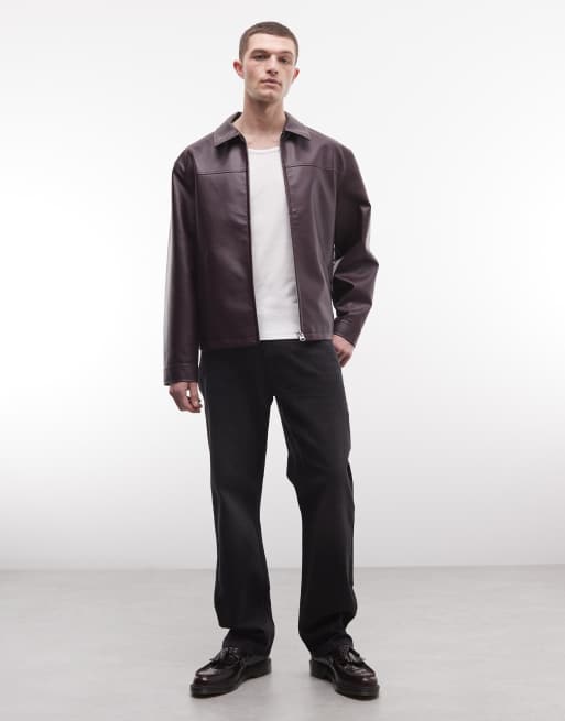 ASOS DESIGN faux leather harrington jacket in burgundy, 2 of 5