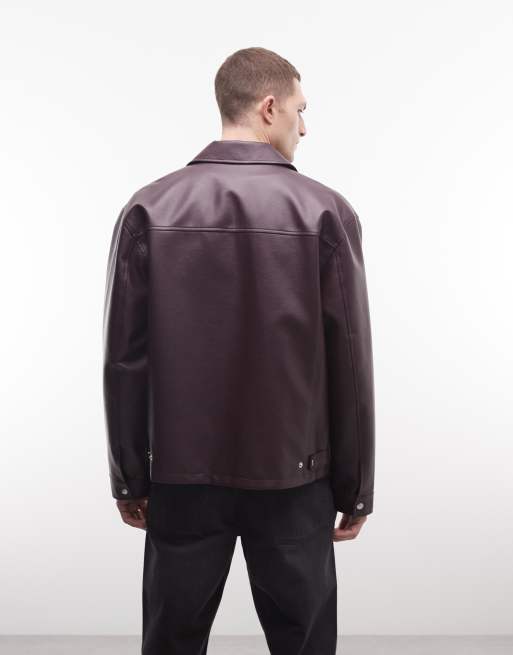 ASOS DESIGN faux leather harrington jacket in burgundy, 4 of 5