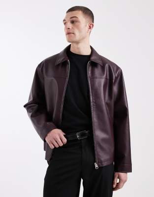 Asos Design Faux Leather Harrington Jacket In Burgundy