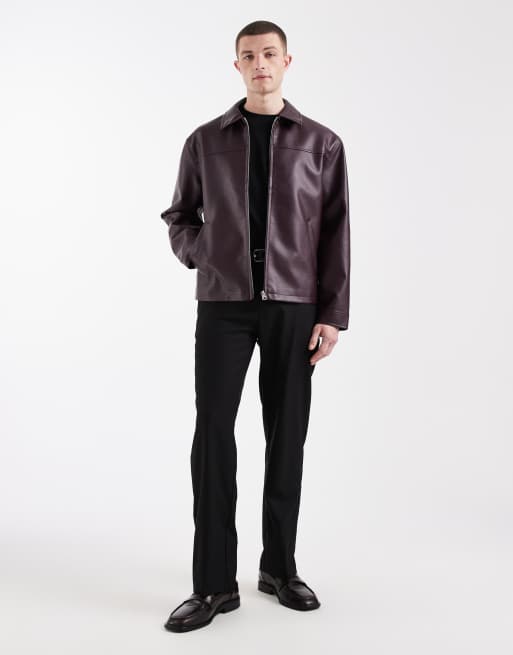 ASOS DESIGN faux leather harrington jacket in burgundy, 3 of 6