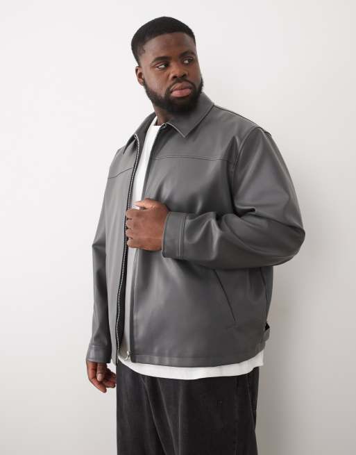 ASOS DESIGN faux leather harrington jacket in charcoal, 2 of 6