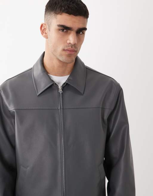 ASOS DESIGN faux leather harrington jacket in charcoal, 6 of 6