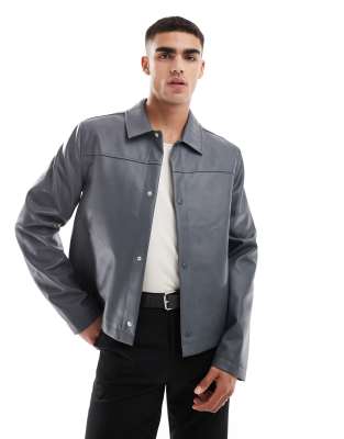 Asos Design Faux Leather Harrington Jacket In Gray