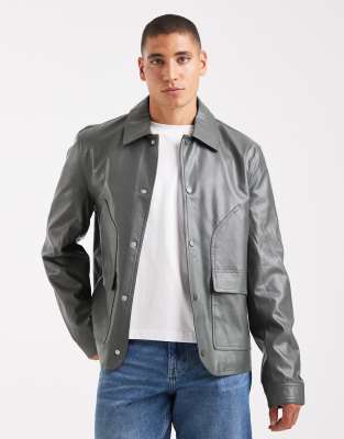 Asos Design Faux Leather Harrington Jacket In Gray