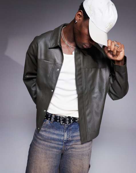 ASOS DESIGN faux leather harrington jacket in green - MGREEN - view 1