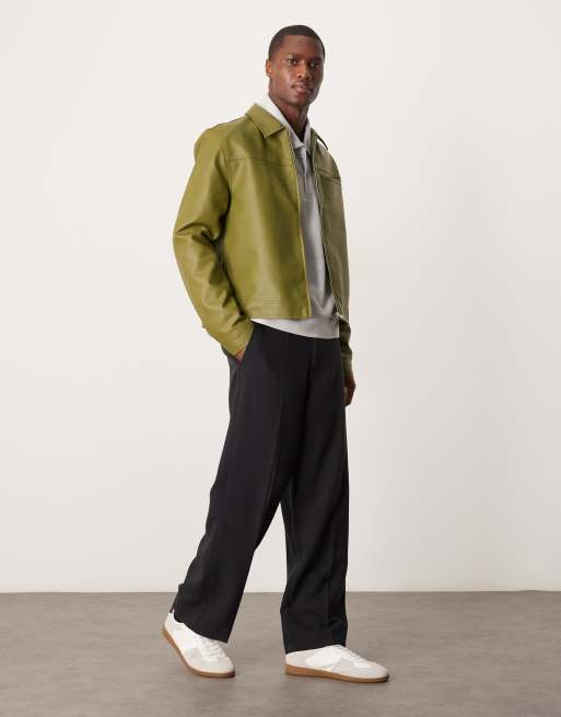 ASOS DESIGN faux leather harrington jacket in green