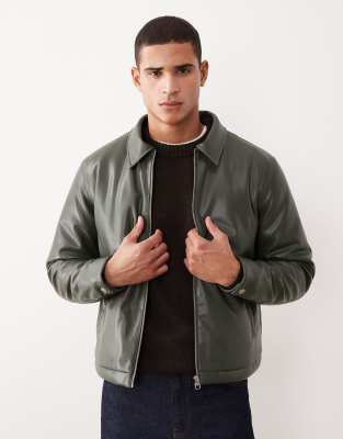 Asos Design Faux Leather Harrington Jacket In Green