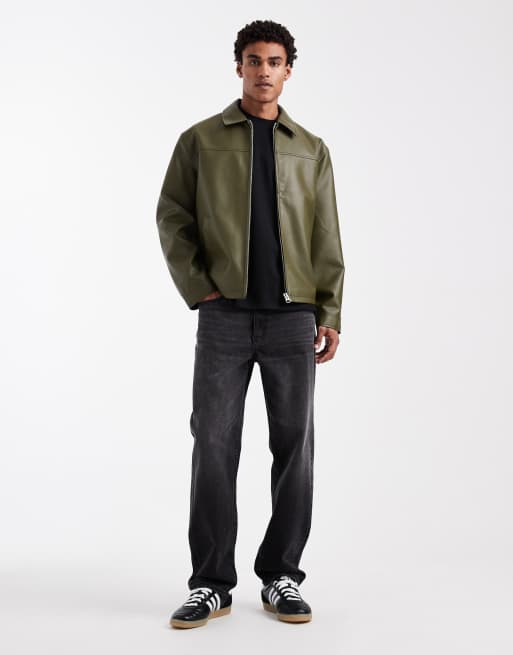 ASOS DESIGN faux leather harrington jacket in khaki green, 2 of 5