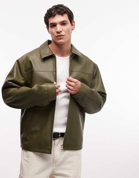 ASOS DESIGN faux leather harrington jacket in khaki - view 1