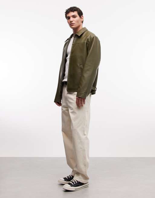 ASOS DESIGN faux leather harrington jacket in khaki, 2 of 5