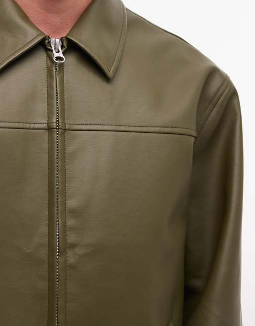 ASOS DESIGN faux leather harrington jacket in khaki, 3 of 5