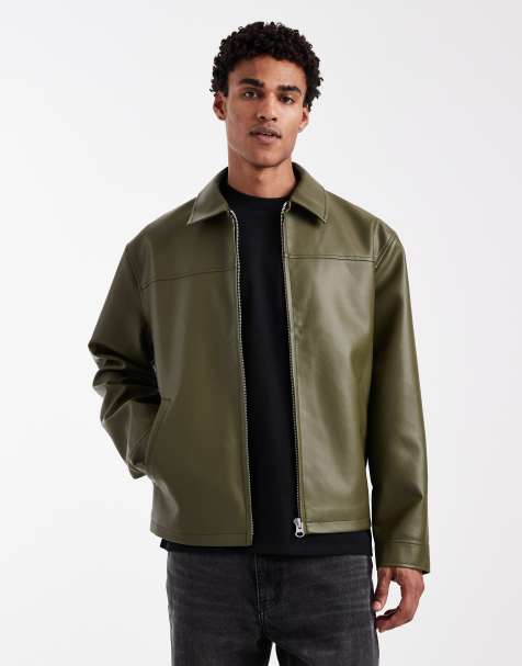 ASOS DESIGN faux leather harrington jacket in khaki - view 1