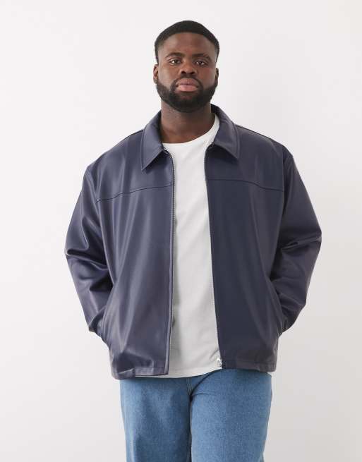 ASOS DESIGN faux leather harrington jacket in navy, 2 of 5