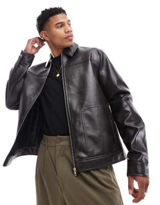 ASOS DESIGN ASOS DESIGN faux leather harrington jacket in washed black