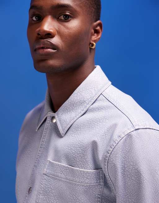 ASOS DESIGN faux leather Harrington jacket in washed blue ASOS