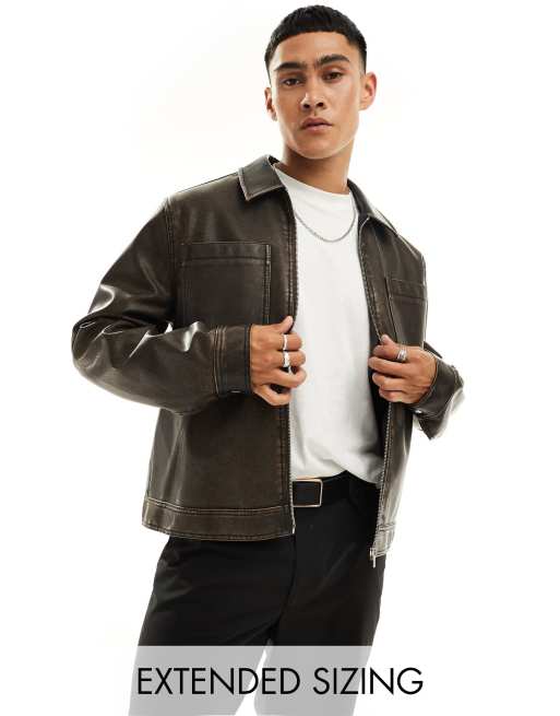 ASOS DESIGN faux leather harrington jacket in washed brown