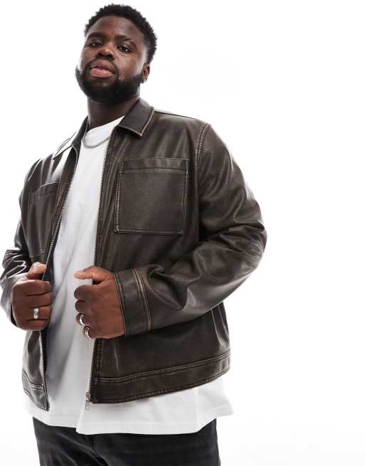 ASOS DESIGN faux leather harrington jacket in washed brown