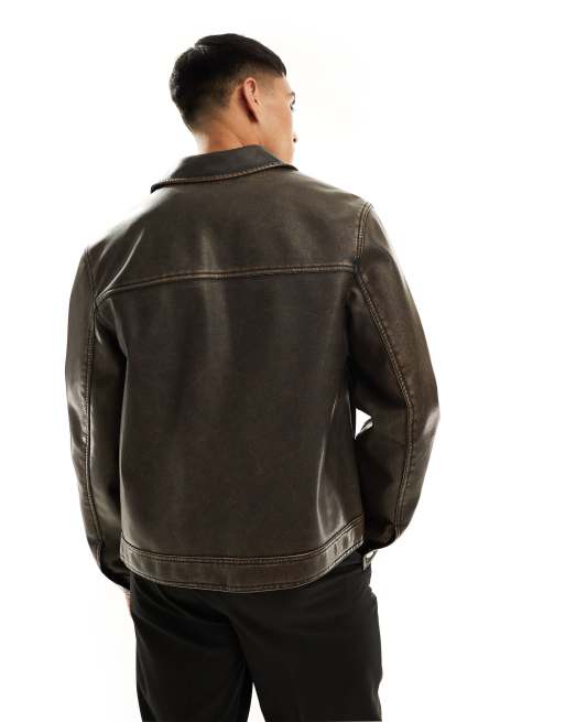 ASOS DESIGN faux leather harrington jacket in washed brown