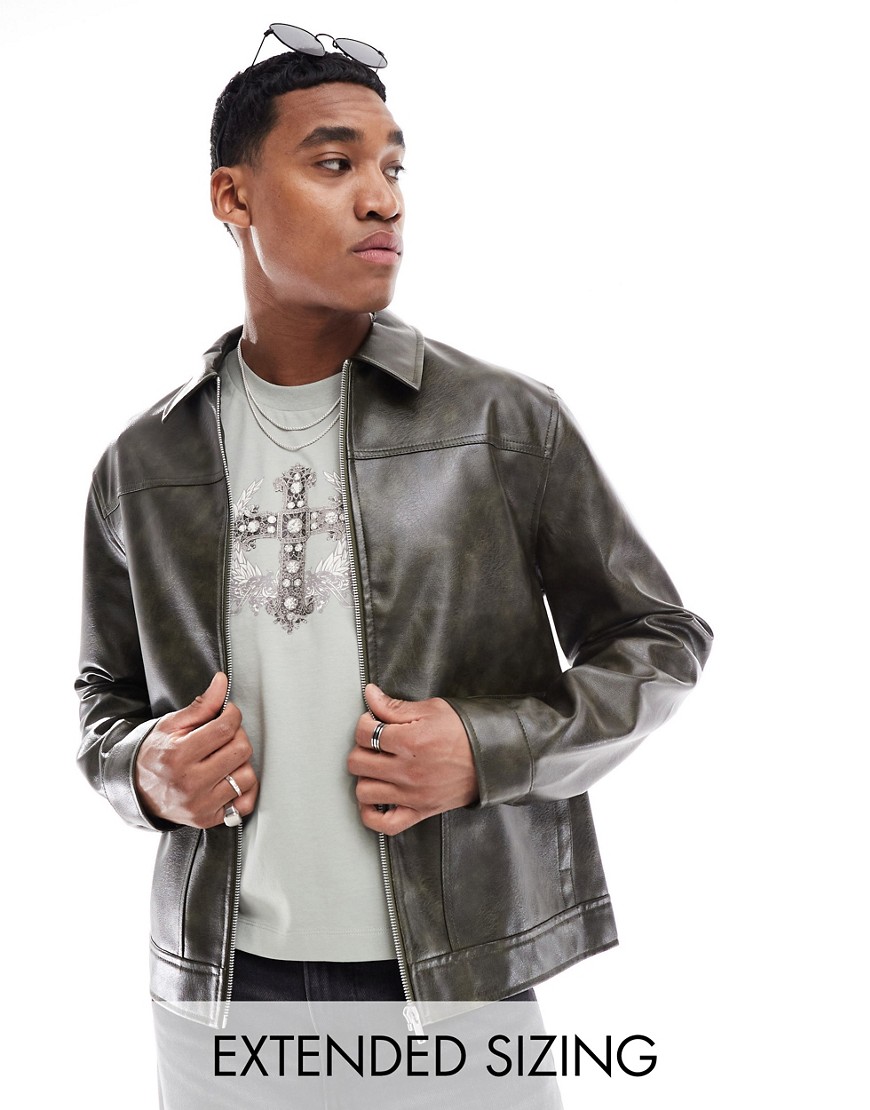 Asos Design Faux Leather Harrington Jacket In Washed Green In Black