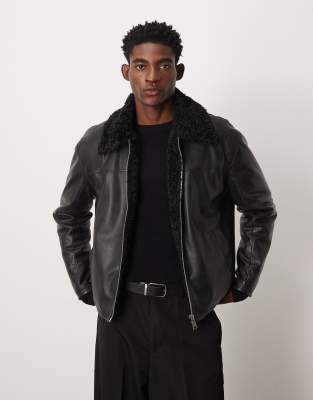 ASOS DESIGN faux leather Harrington jacket with borg collar in