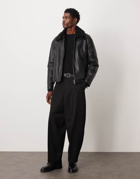 ASOS DESIGN faux leather Harrington jacket with borg collar in black - view 1