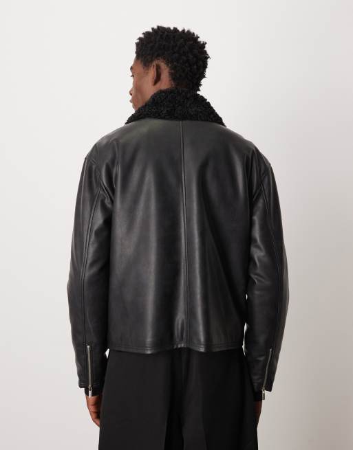 ASOS DESIGN faux leather Harrington jacket with borg collar in black